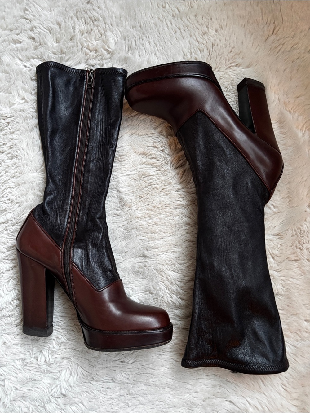 Prada Platform Stretch Leather Mid-Calf Boots, Two-Tone Brown, Size 38.5,+ Box